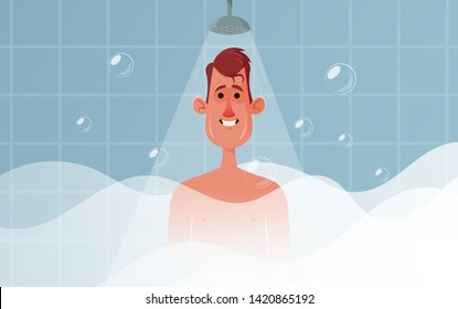 Cute Character Standing in the Shower in His Bathroom. Cartoon Style. Vector Illustration