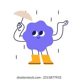 Personagem bonito de pé sob guarda-chuva, tempo chuvoso. Nuvem feliz, figura engraçada, forma sorridente na chuva. Elemento de rabiscar abstrato infantil. Ilustração de vetor plano isolada no plano de fundo branco