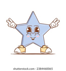 Cute Character Star in groovy style. Isolated retro sticker on a transparent background for various purposes. Vintage vector illustration.
