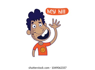 Cute Character Stickers Saying Hey hi. Vector Illustration. Isolated on white background.