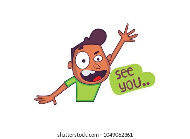 Cute Character Stickers Saying See You. Vector Illustration. Isolated on white background.