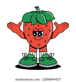 Cute character Strawberry in groovy cartoon style. Trendy and modern illustration with funky comic mascot. Red, green colors of fruit. 70s, 80s retro vibes. Vector illustration