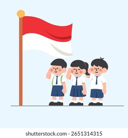 bonitinho personagem Estudantes saudar a bandeira indonésia vetor design