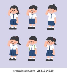 bonitinho personagem Estudantes saudar a bandeira indonésia vetor design