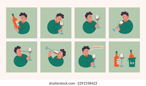 A cute character studies information on a bottle of wine, tastes, color and smells red wine. Assesses the blend and awards stars to the wine. Vector illustrations for wine tasting design.