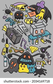 Cute character and stuff doodle. hand drawn style doodles. good to use for wallpaper, print on fabric, textile , sticker etc. vector illustration of doodle
