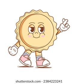 Cute Character Sun in groovy style. Isolated retro sticker on a transparent background for various purposes. Vintage vector illustration.