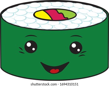 Cute character: sushi roll rice with eyes and a smile. Kawaii Drawn art illustration of japanese food in cartoon doodle style. Baby sushi menu.