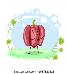 Cute character sweet bell pepper. Location. Cartoon style. Card for teaching children. Vector stock illustration.