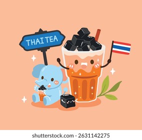 cute character Thai tea with grass jelly and elephant drinking thai tea