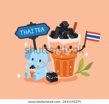 cute character Thai tea with grass jelly and elephant drinking thai tea