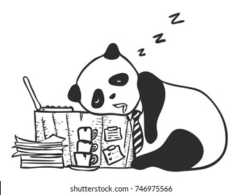 Cute character of tired panda sleeping on his working desk with laptop, pile of coffee cup, stacked paper work. Funny illustration represent to people habit in hard working and tired.