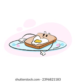 Cute character of toast with egg on a plate and hearts for Valentine's day and more. Best for postcard, stickers and more designs. Vector flat style illustration.