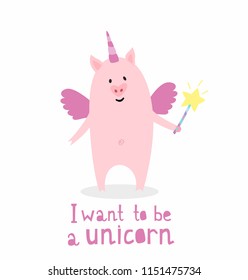 Cute character of unicorn pig with wings in cartoon style