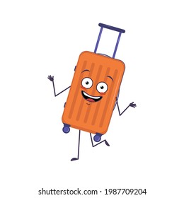 Cute character of vacation suitcase cheerful with emotions dancing, smiling face, arms and legs. The funny, happy or smile hero, joyful luggage with eyes. Vector flat illustration