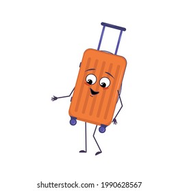 Cute character of vacation suitcases with emotions of joy, smiling face, happy eyes, hands and feet. A mischievous luggage with eyes. Vector flat illustration