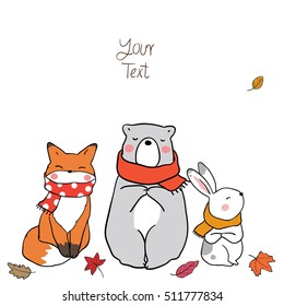 Cute character vector illustration with fox,rabbit,bear and leaves in autumn.