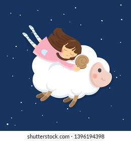 Cute character vector illustration. Girl with sheeps on dark sky background.