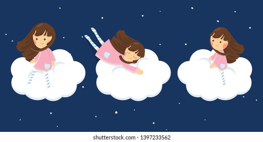 Cute character vector illustration. Girl with sheeps on dark sky background.