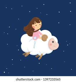 Cute character vector illustration. Girl with sheeps on dark sky background.