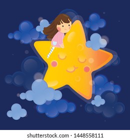 Cute character vector illustration. Girl with star on dark sky background.