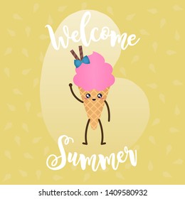 Cute character vector illustration of an icecream with with background and Welcome Summer text