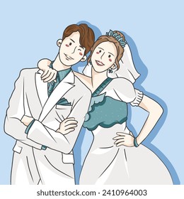 cute character vector illustration of a married couple in a unique and simple wedding dress