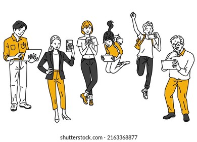 Cute character vector illustration of several generations holding gadgets, smartphone, tablet, laptop, with happy and excited expression. Outline, linear, thin line art, hand drawn sketch.