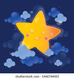 Cute character vector illustration. Star and clouds on dark sky background.