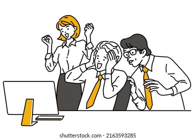 Cute character vector of male and female colleagues in office, feel shocked and excited with unexpected notice on computer screen. Outline, linear, thin line art, hand drawn sketch design. 