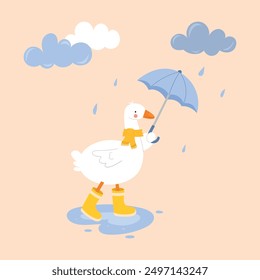 Cute character, walking goose with umbrella, scarf and rain boots in nature. Funny goose, duck in the rain. Kids card. Hand drawn, vector illustration. Flat style.