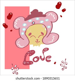 Cute character in a warm hat with the words love, suitable for valentine's day cards, cards and design elements. Vector illustration.