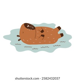 Cute Character Water Capybara. Capibara Mascot Kawaii. Hand Drawn Flat Vector Illustration