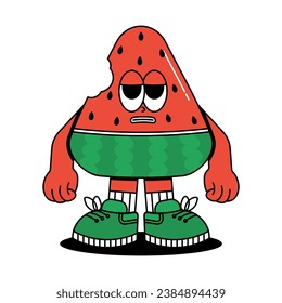Cute character Watermelon in groovy cartoon style. Trendy and modern illustration with funky comic mascot. Green, red colors of fruit. 70s, 80s retro vibes. Vector illustration