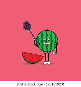 cute character watermelon playing badminton