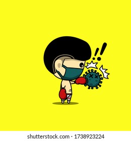 Cute character wearing medical mask punching virus. Boxing player fighting against virus. Illustration vector