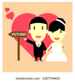 Cute Character Wedding. Cartoon Married. Vector Illustration. Flat and Modern Design. Bride and Groom. Happy Wedding Couple.