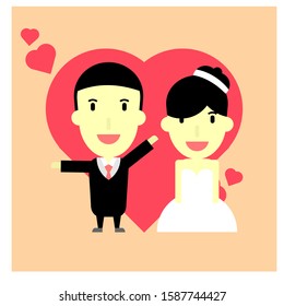 Cute Character Wedding. Cartoon Married. Vector Illustration. Flat and Modern Design. Bride and Groom. Happy Wedding Couple.