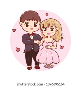 Cute Character Wedding Couple Full Of Love In Cartoon Style