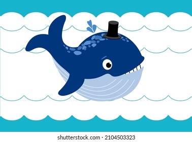 Cute character Whale blowing a fountain swimming in the sea waves. Protection of marine mammals for World Whale Day. Vector flat illustration for poster, banner, card, childrens book.