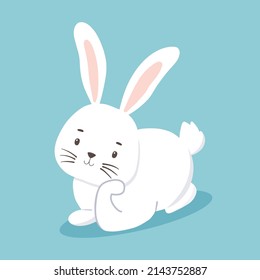 Cute character white bunny lying and dreaming. Vector illustration of rabbit isolated on blue background. Symbol new year 2023 and Easter