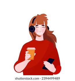 Cute character, woman is listening to an audiobook in headphones. Vector illustration.