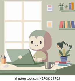 Cute Character Working on Laptop in Cozy Home Office – Flat Vector Illustration