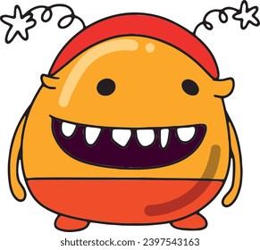 Cute character or yellow monster in a New Year's costume in a cartoon style, mascot on the theme of winter holidays for children, fantastic creature