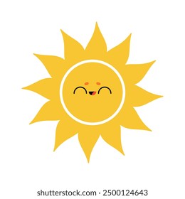 Cute character yellow sun with big rays. Vector illustration isolated on white background