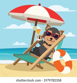 The cute character of yorkshire dog sitting on the deckchair on the beach. illustation about summer and holiday.