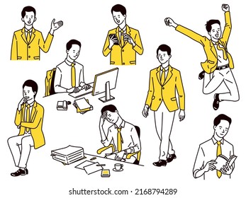 Cute character of young businessman in various poses and activities. Presenting, sitting and thinking, working at disk in office, using smartphone, walking, tired and busy, jumping, reading book.