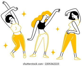 Cute character of young girl group dancing on stage. Doodle illustration style, outline, thin line art, handdrawn sketch design, simple style. 