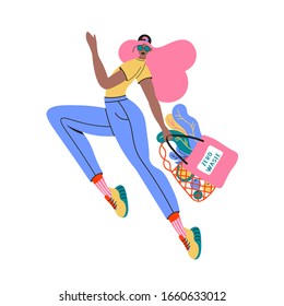 Cute character of young girl walking with eco bag in hipster cartoon style with eco bags". Modern vector doodle illustration. Eco friendly, save the planet, reuse