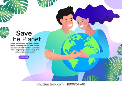 Cute Character Of Young Man And Woman Which Hugging The Planet.  Planet Earth With A Hug. Earth With Human Hands. Vector Illustration.